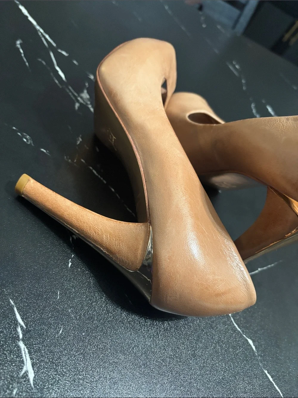 BCBGMaxAzria All leather made in Brazil Tan Peep-Toe Leather Pumps